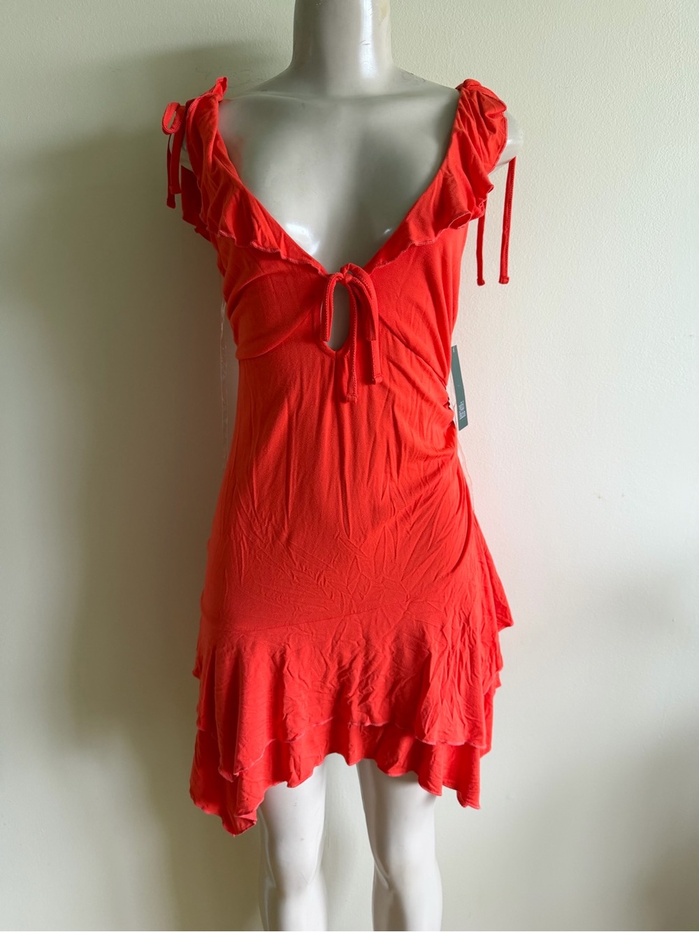 Bright Red Tie-Front Ruffled Mini Dress - Picture 3 of 11